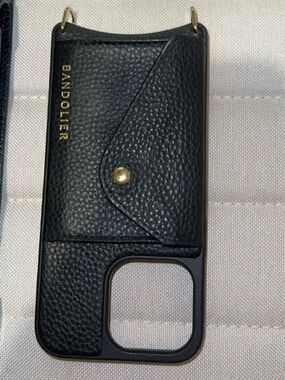 Bandolier Black Pebbled Leather iPhone 13 Case with Gold Hardware